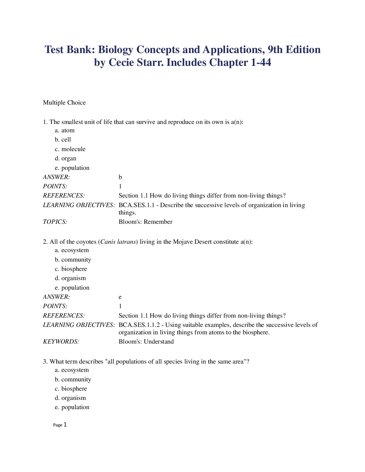 Test Bank Biology Concepts and Applications, 9th Edition by Cecie